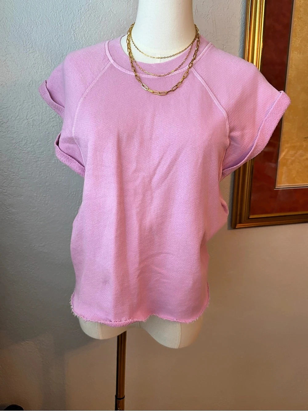155~SELF CONTRAST Cotton Short Sleeve Top in Pink Size Small NWT